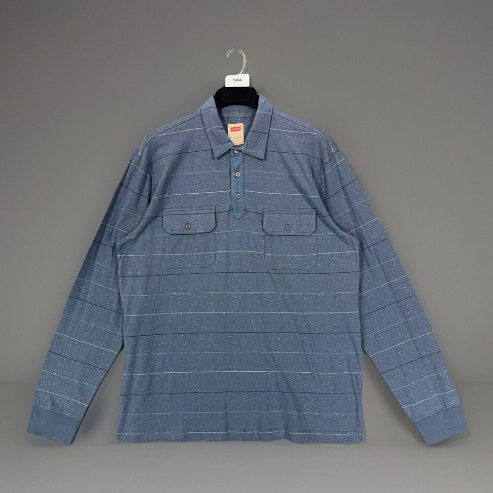 Levi's Men's Size L Long Sleeve Polo Shirt Blue Striped Speckled Knit 2 Pocket